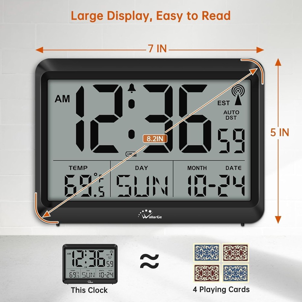Atomic Digital Wall Clock Battery Operated, Self-Setting, Large Display with Tem