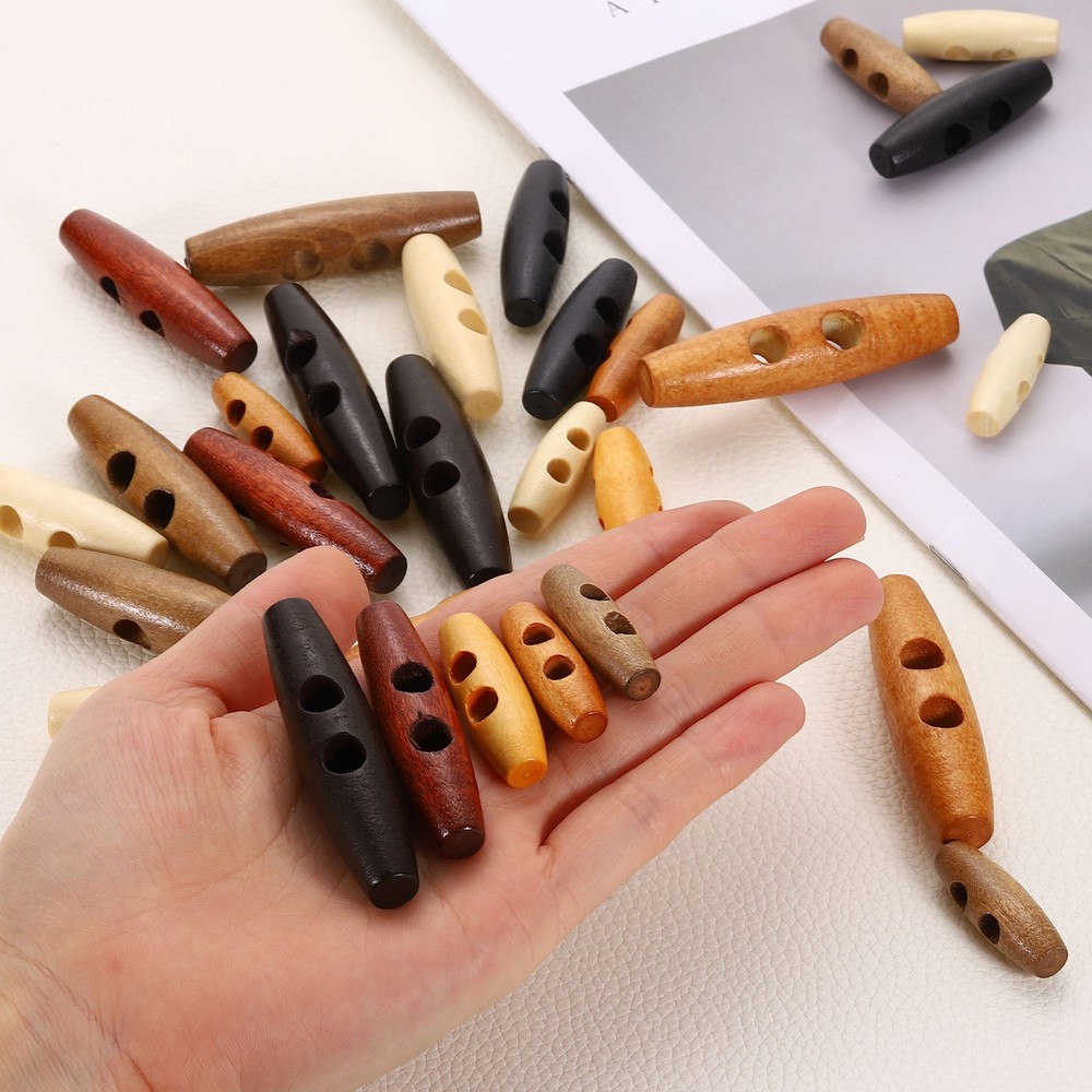 25pcs Wooden Toggle Buttons 35mm Double Hole Olive Sewing Button, Medium Brown