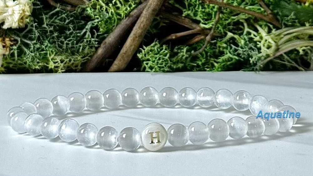 Selenite 6mm Natural Crystal Bead Initial Stretch Bracelet CUSTOM SIZING