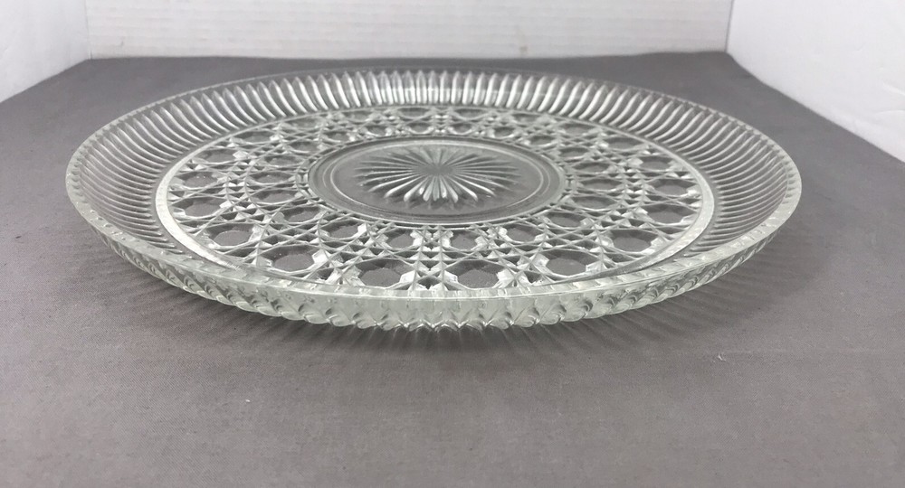 Vintage Pressed Glass Platter Diamond button Pattern 11" Cake Clear Beautiful