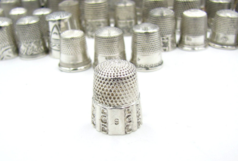 Size-9 Simons Bros. Sterling Silver Thimble Panel Scroll Vintage Antique 19thC.