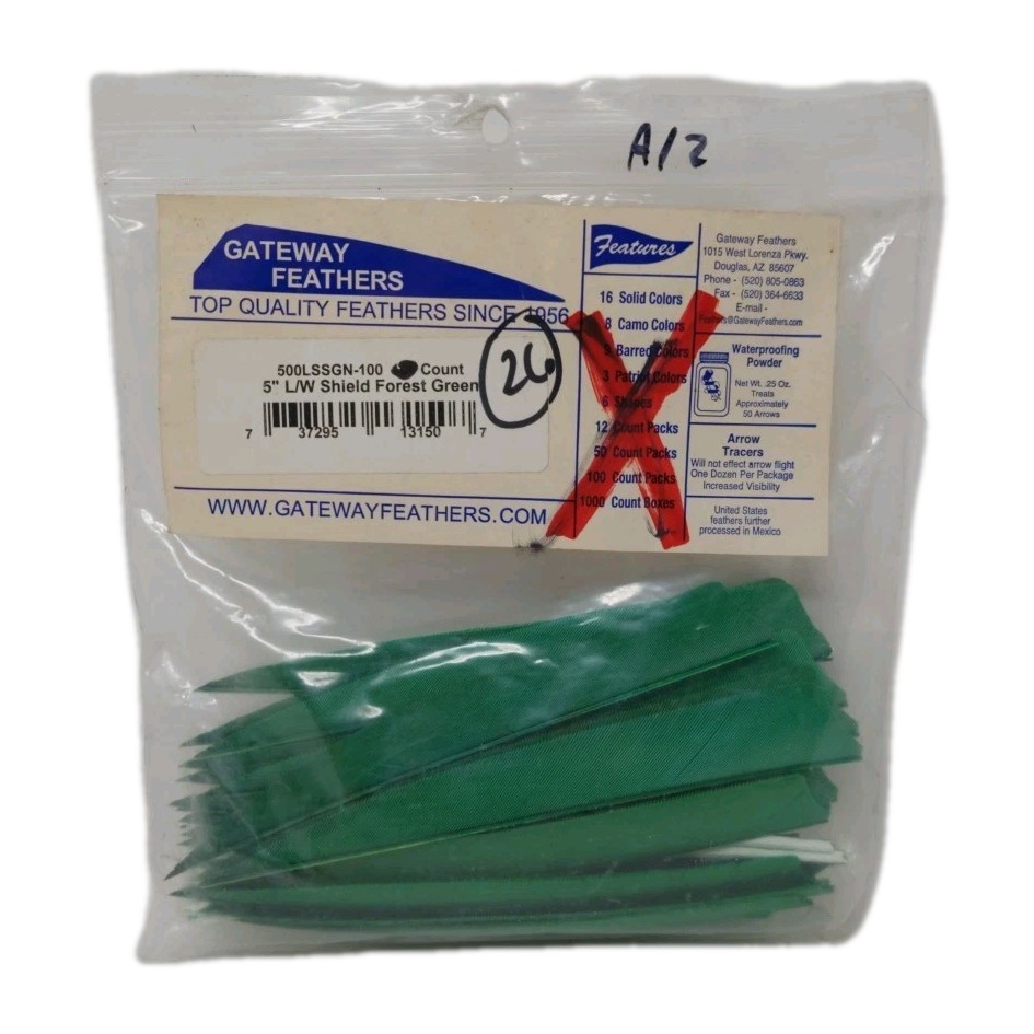 26 Count Gateway Archery Arrow Feathers 5" Left Wing: Shield Forest Green