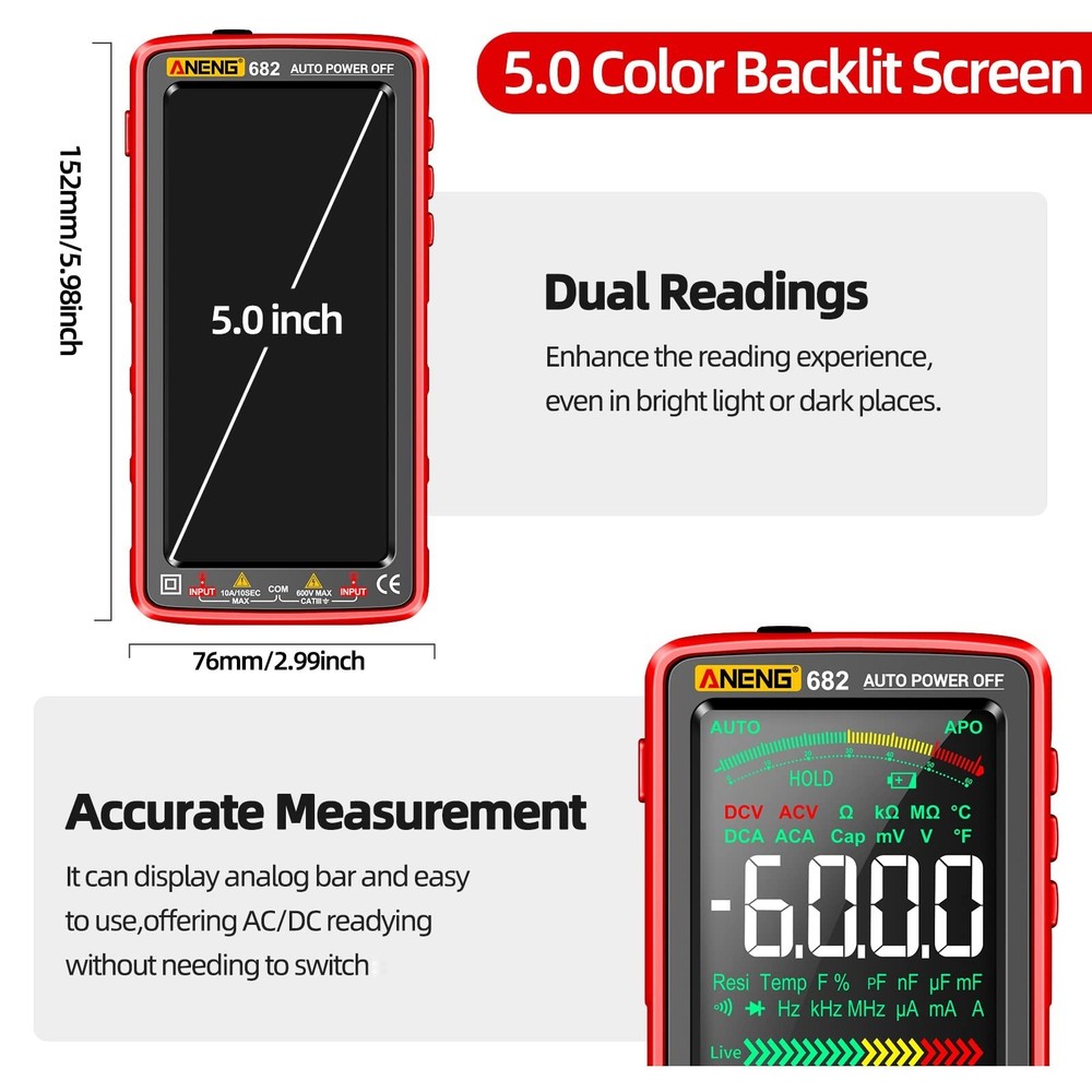 ANENG Multimeter Tester Color LCD TRMS Auto-Ranging 6000 Counts Voltmeter Sma...