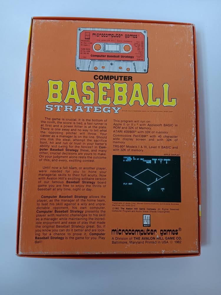 Avalon Hill Computer Baseball Strategy Game Cassette For Atari TRS80 Pet Apple