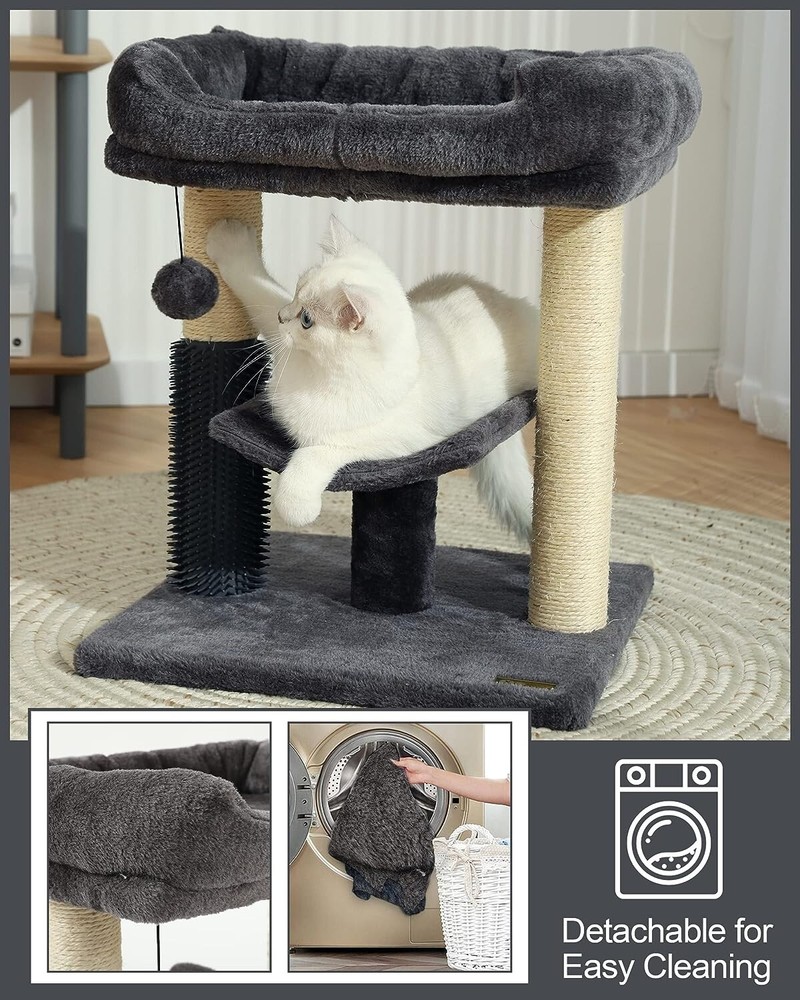 Cat Tree Tower Gray Top Platform Scratching Post Perch Self Groomer - Gray