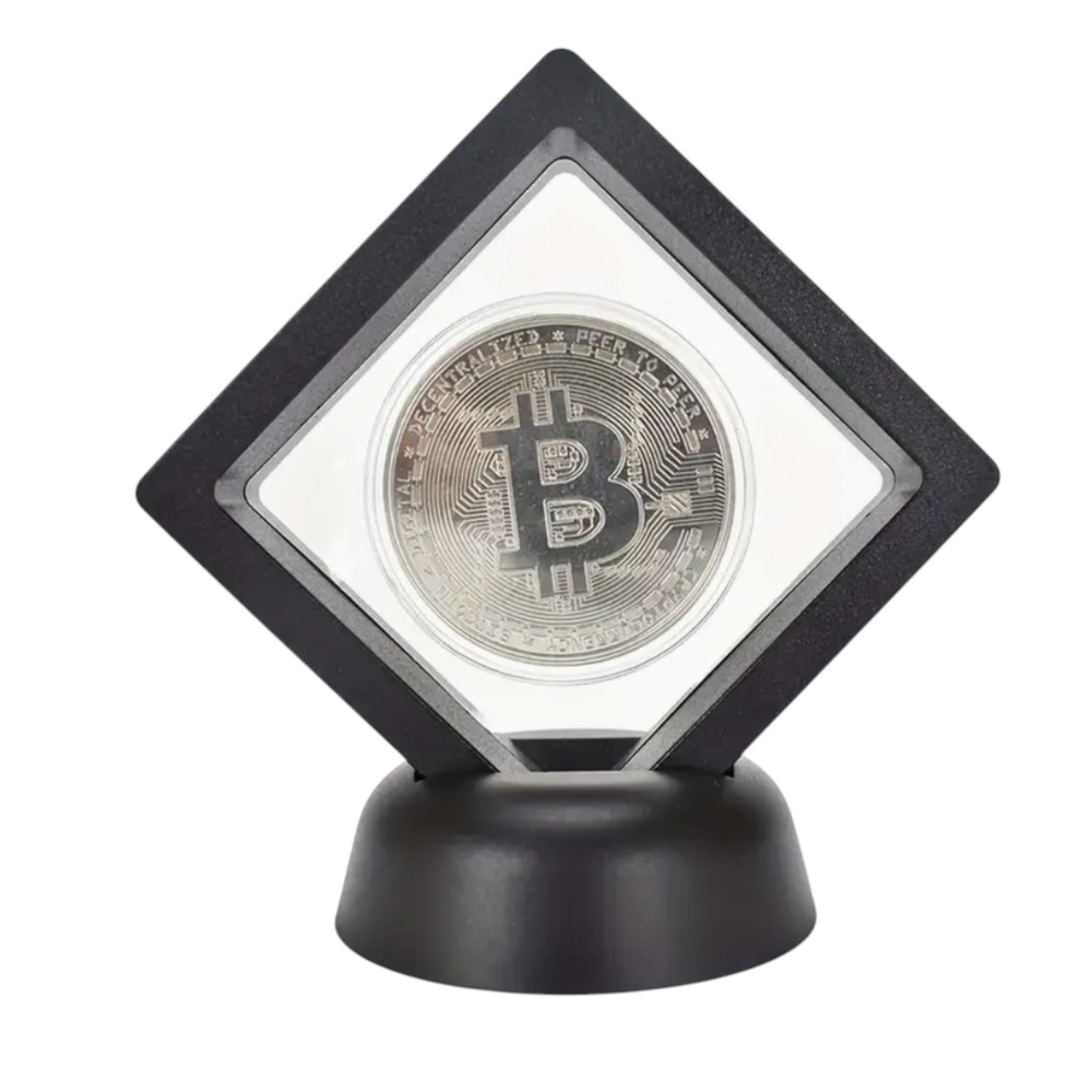 BITCOIN- Silver Physical Coin with Black Display Case / Cryptocurrency- Gift !