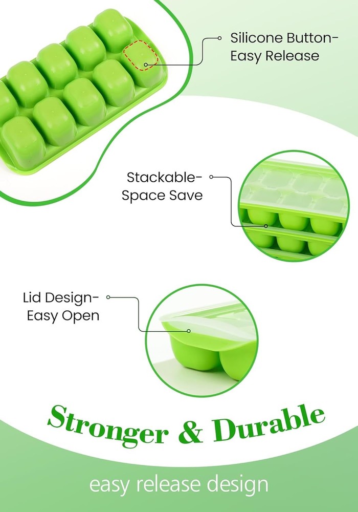 DOQAUS Ice Cube Tray with Lid and Bin - 4 Pack Ice Bucket Kits, Stackable Silico