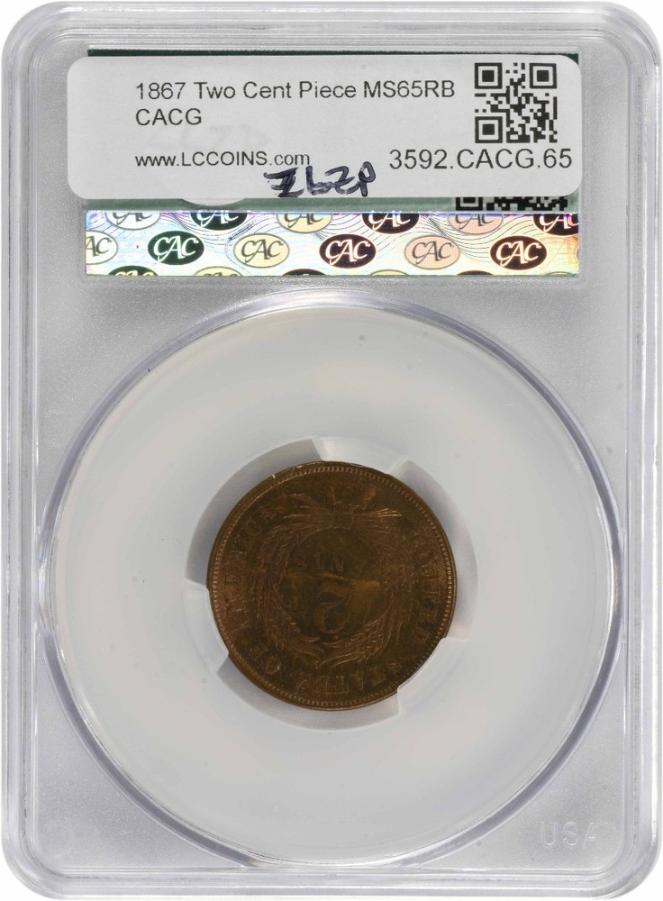 1867 Two Cent Piece MS65RB CACG