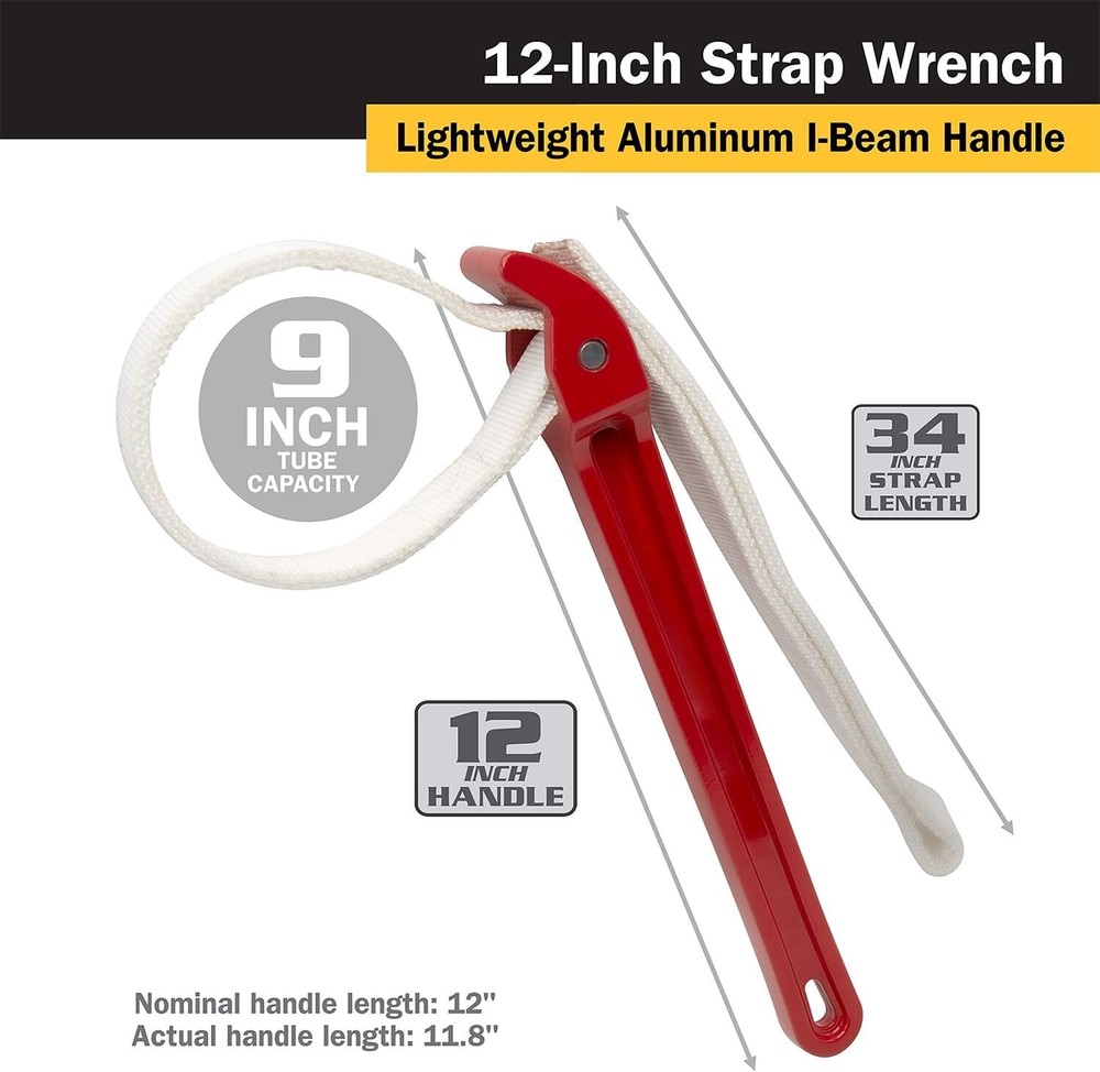 Strap Wrench 12" Handle Adjustable Nylon Strap Pipe Wrench Oil Filter Strap Open