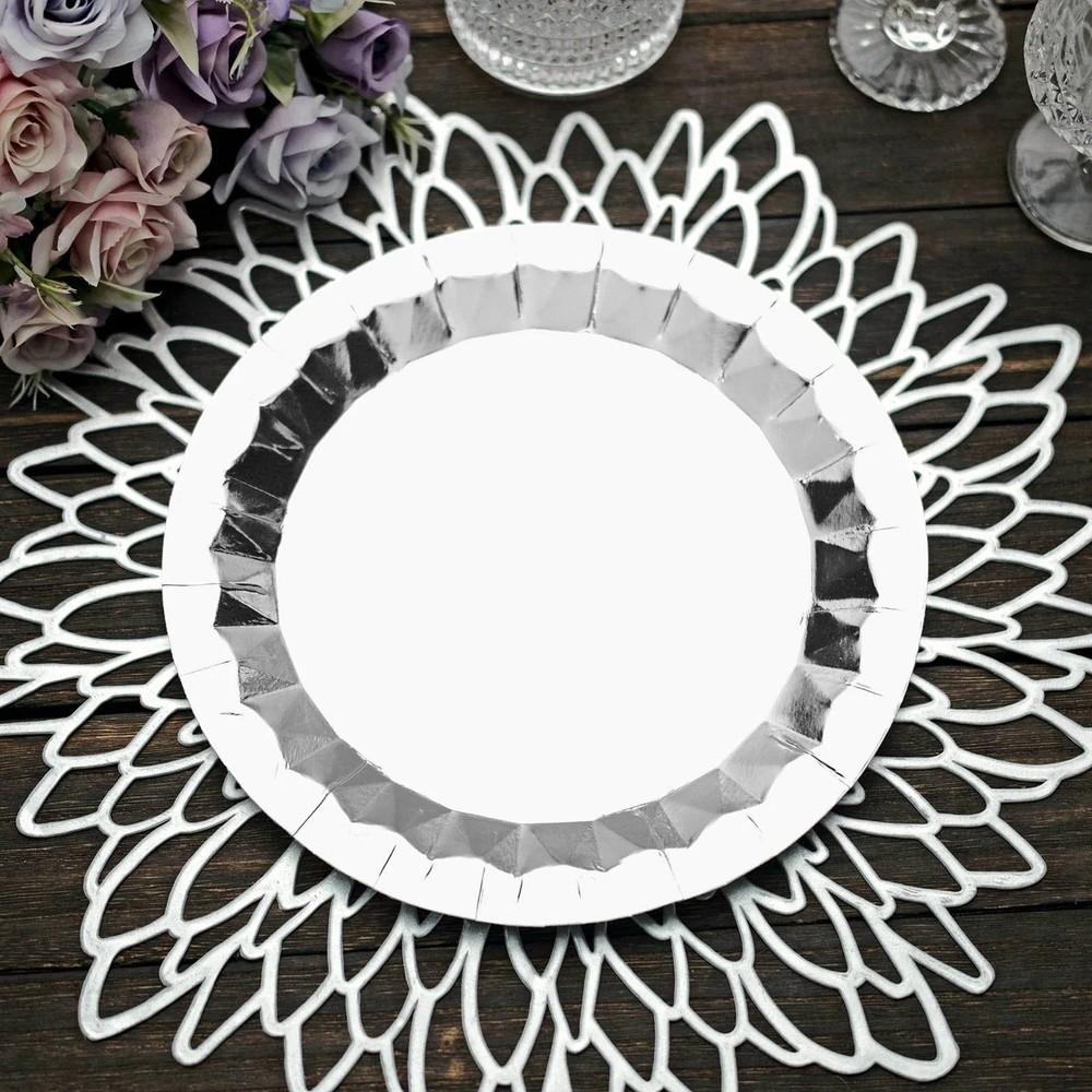 25 SILVER 9" Metallic Round Paper Salad Dinner Plates Geometric Design Tableware