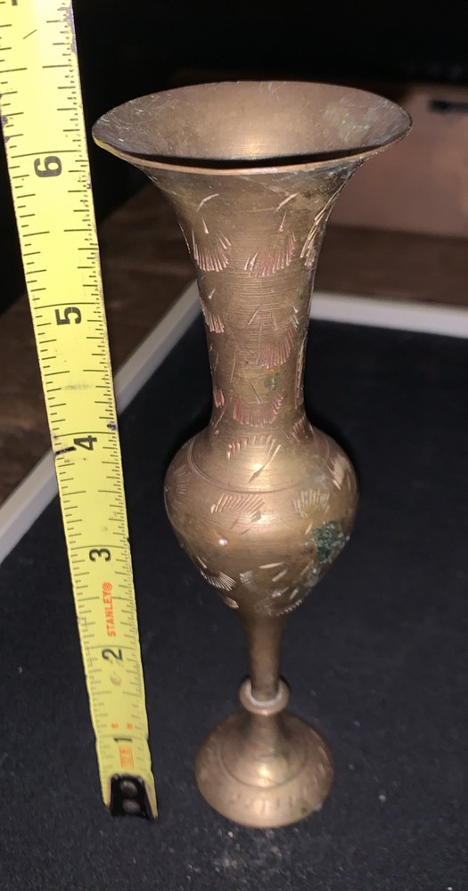 Vintage Solid Brass Small Vase 6 Inch - Etched