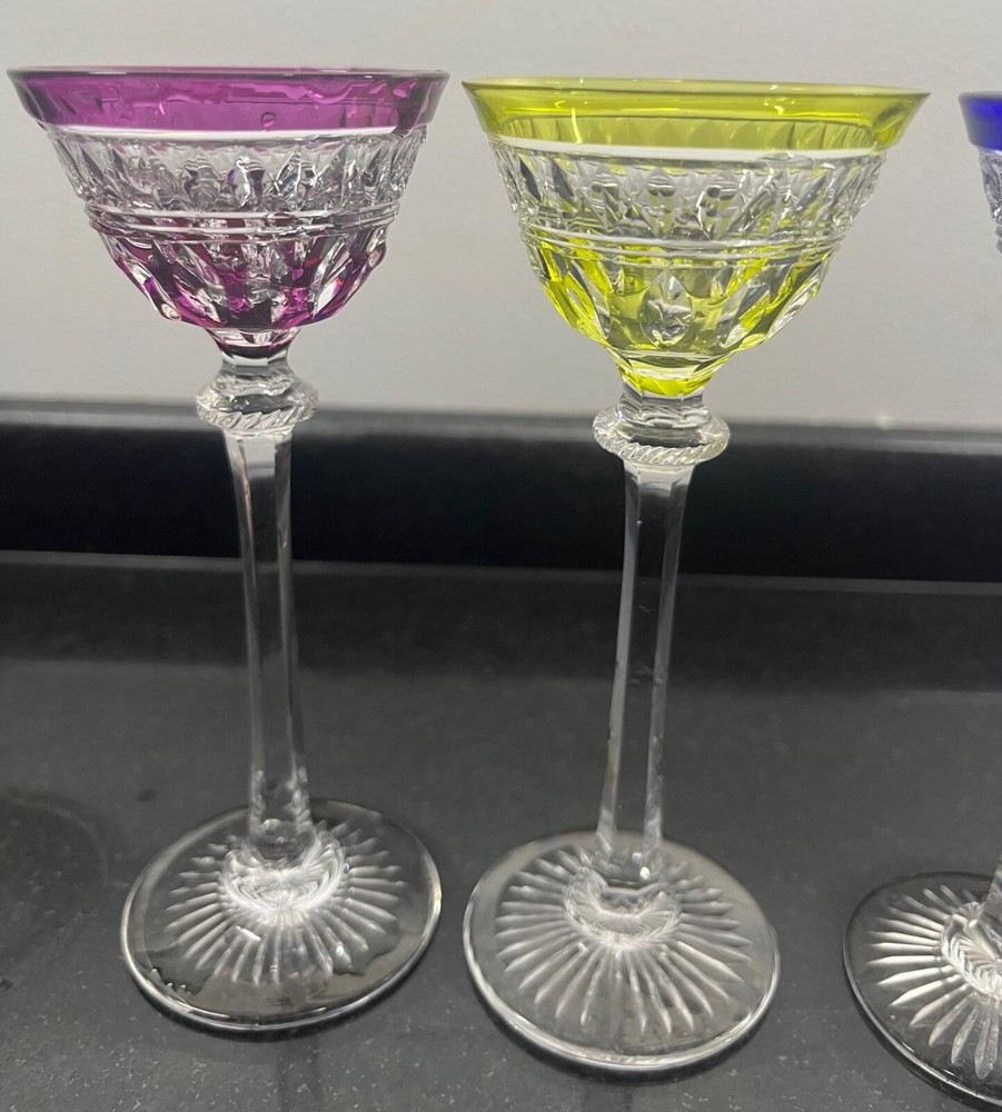 Rare Multi Colored Set Crystal Cut Cordial glasses 4 pieces.