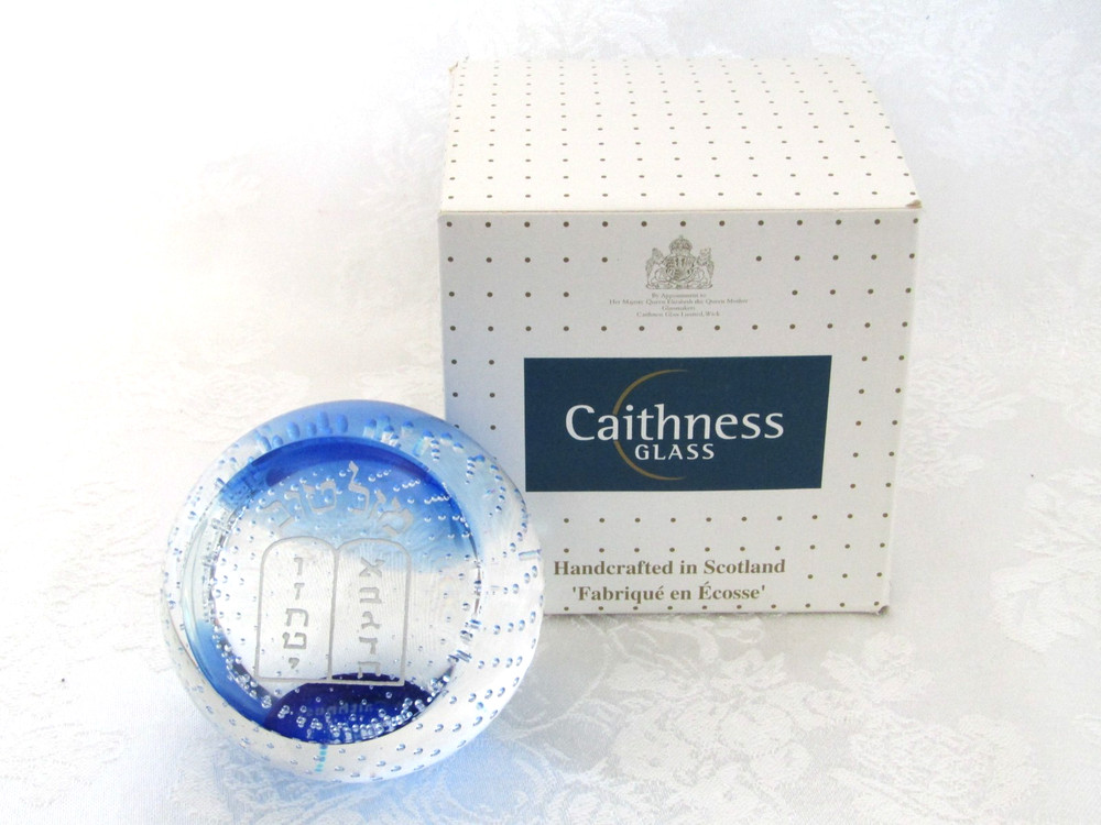 Caithness Tablets Blue Controlled Bubbles 3" Rare Hebrew Paperweight Scotland