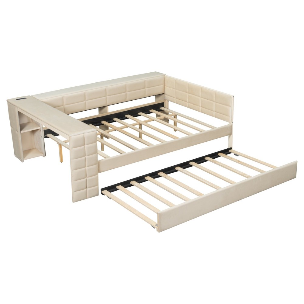 Full Size Daybed Upholstered Bed Frame w/ Trundle & USB Ports & Storage Shelf