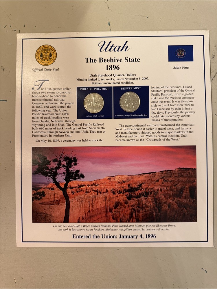 2007 State Commemorative Utah Quarter and Stamp Collection