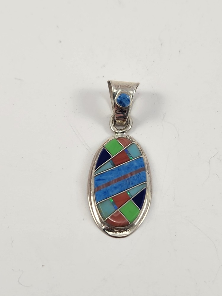 Native American Hand Crafted Multicolor Inlay Sterling Silver Pendant