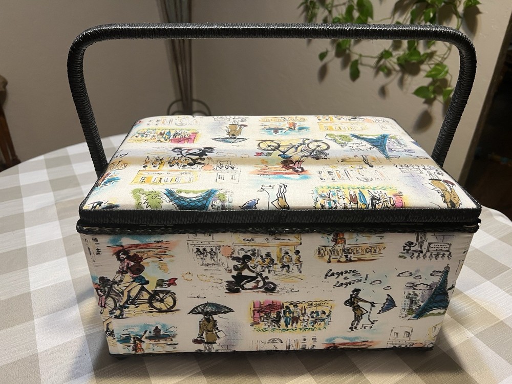 VTG Retro Sewing Box Puff Fabric Wicker Handle Magnetic lock Storage Insert Used