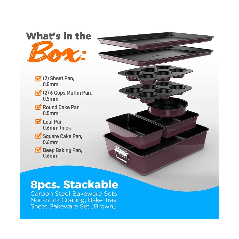 NutriChef 8-Piece Nonstick Stackable Bakeware Set - PFOA, PFOS, PTFE Free Bak...