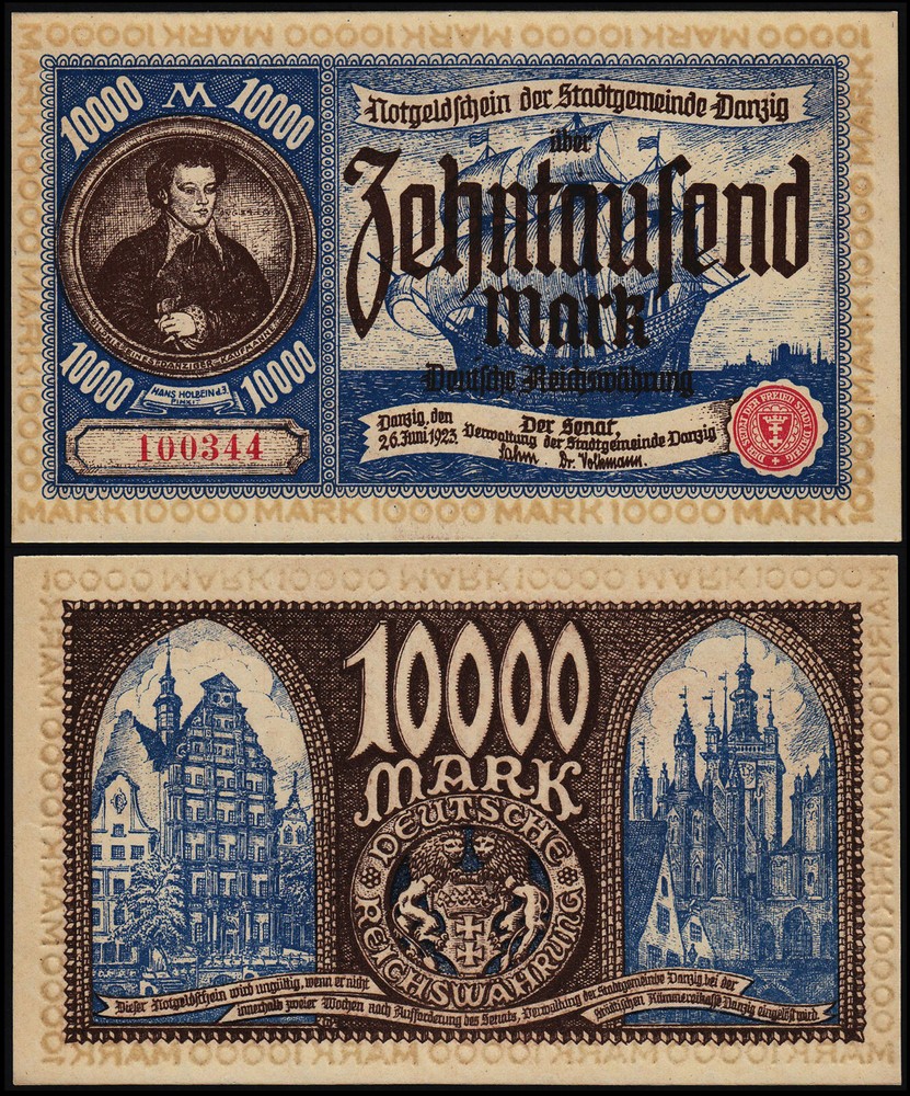 DANZIG 10000 MARKS (P18) 1923 UNC