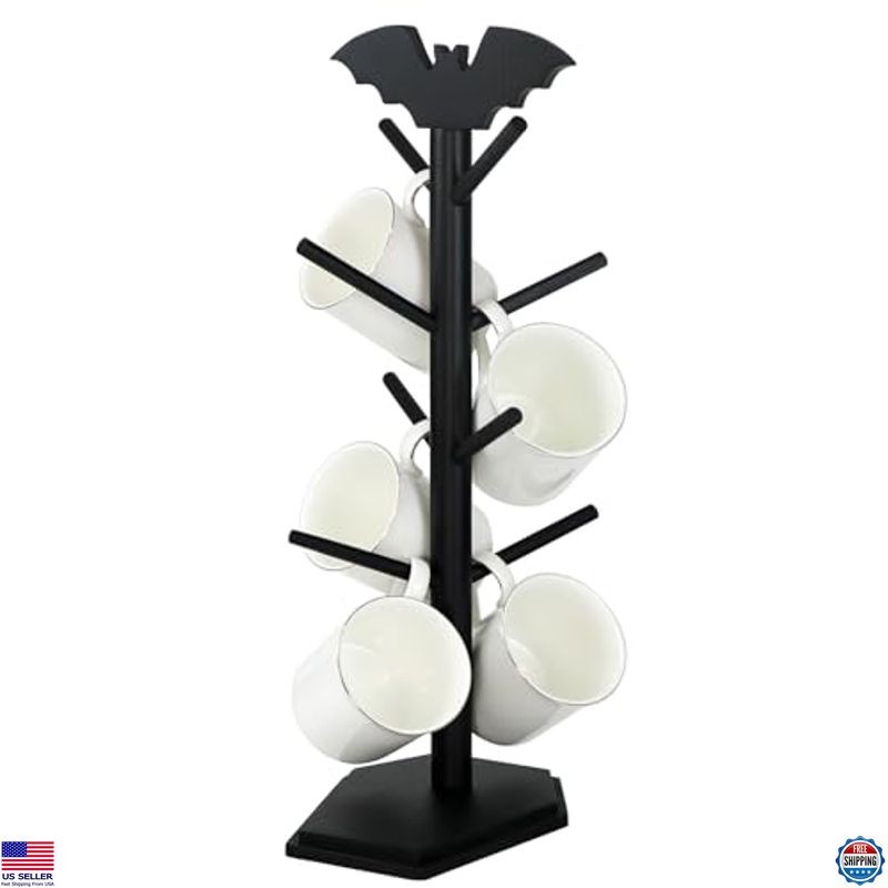 Gothic Bat Mug Holder Tree - 8 Hook Black Coffee Mug Rack for Halloween Kitchen