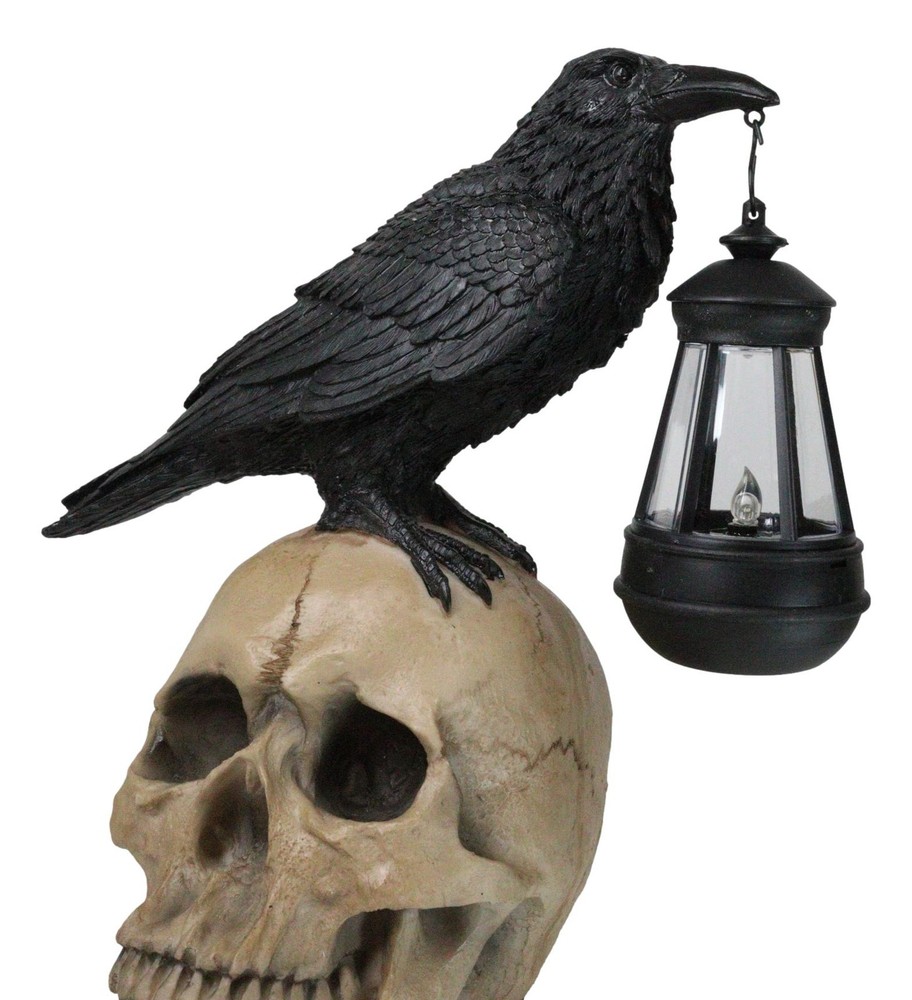 Edgar Corvus Raven Perching On Rose Skull Statue With Solar LED Lantern Light