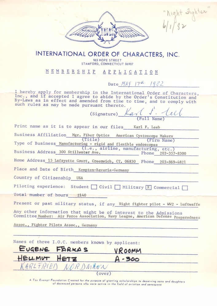 Karl Leeb German Night Fighter Pilot WWII Pilot Signed Aviation Document