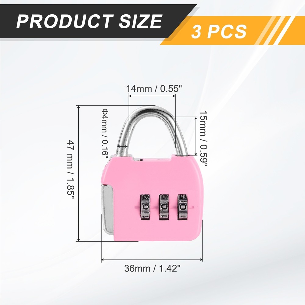 3Pcs Resettable 3 Digit Combination Lock Code Padlock, Pink (47 x 36mm)