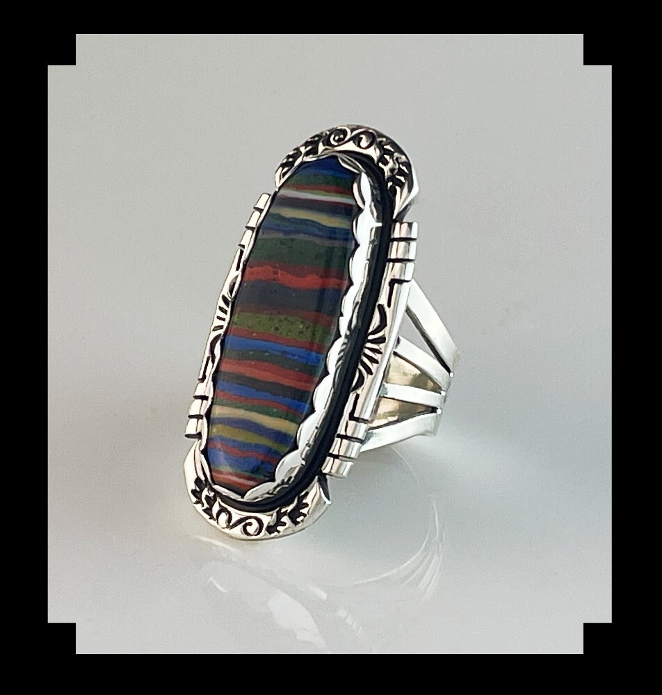 Long Sterling and Rainbow Calsilica Ring Size 8 1/2