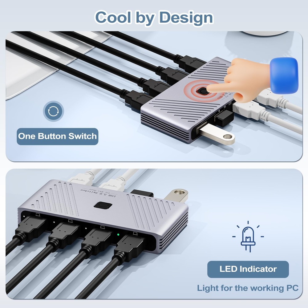 USB 3.0 Switch, 4 Computers Sharing 4 USB Devices, OneButton Switcher for Key...
