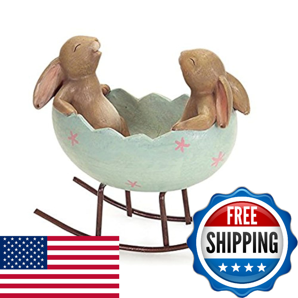 KiaoTime Laughing Bunny Rabbits in Easter Egg Cradle Spring Decor 5" H