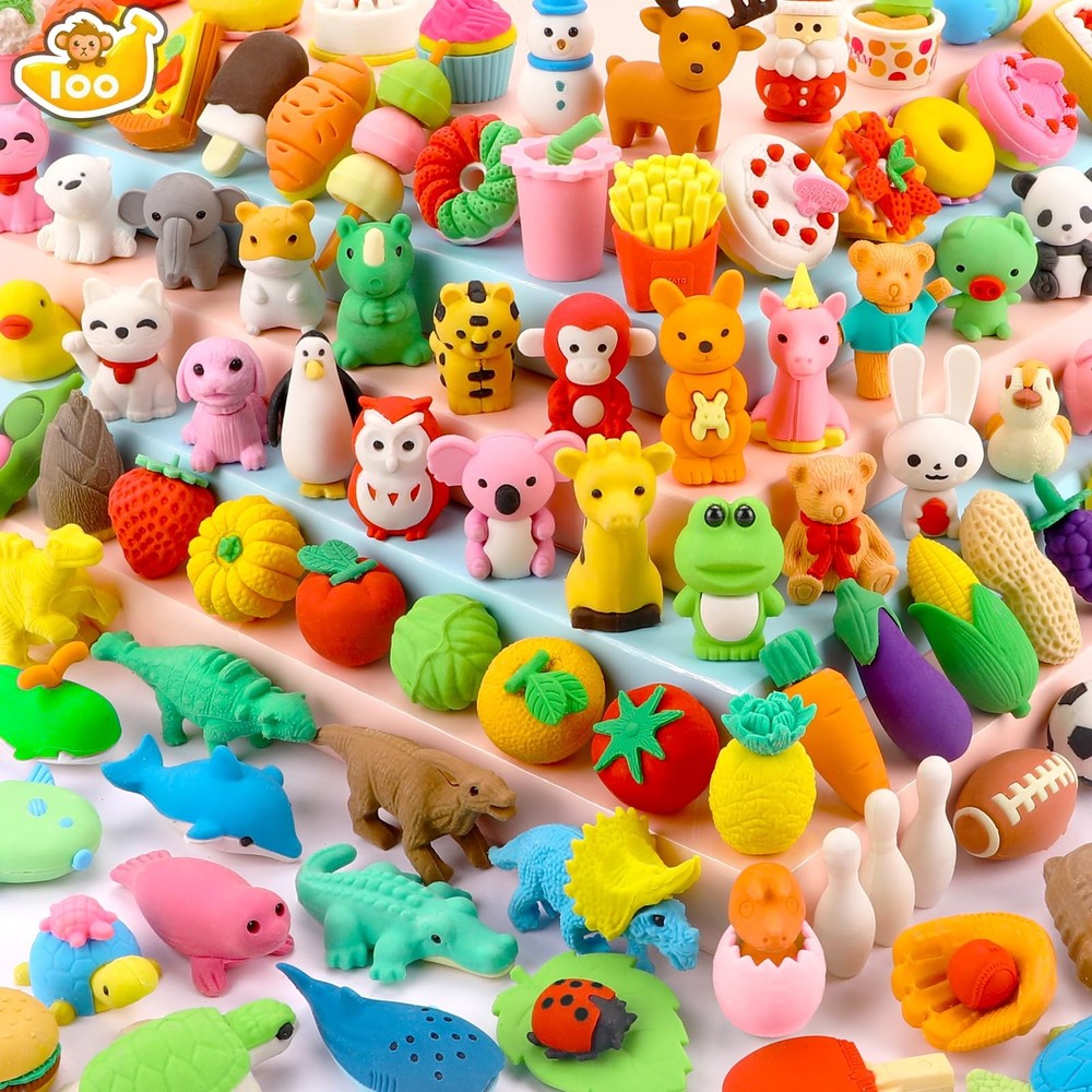 HINZER 100 Pack Animal Erasers for Kids Bulk Pull Apart 3D Puzzle Assorted