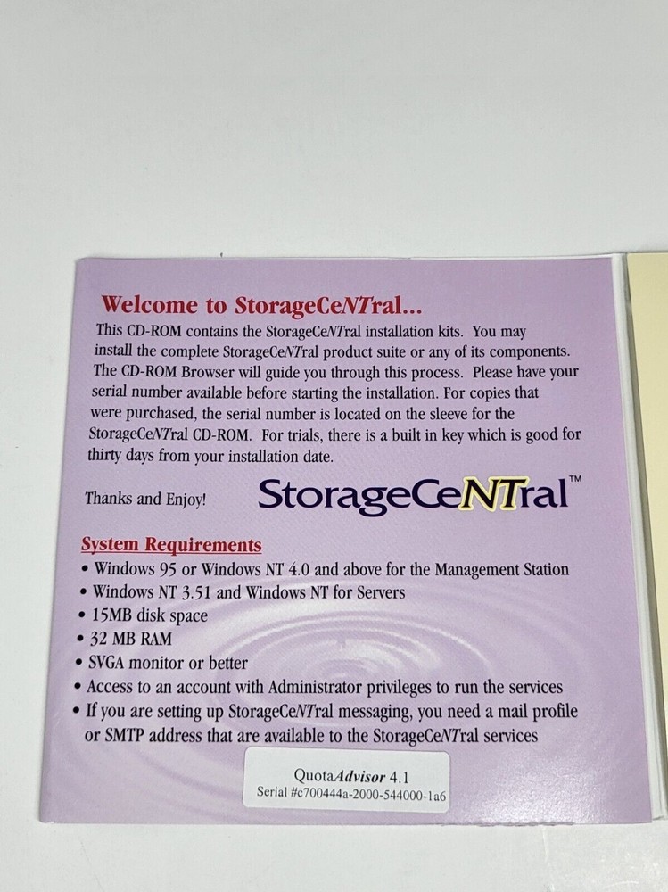 Quota Advisor for Windows NT Software Storage CeNTral Vintage WQuinn