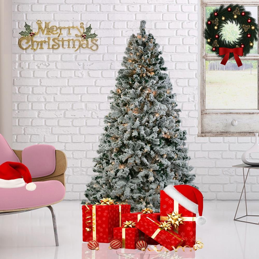 7.5 FT Christmas Tree Snow Flocke Pre-lit Artificial Automatic Tree with Light