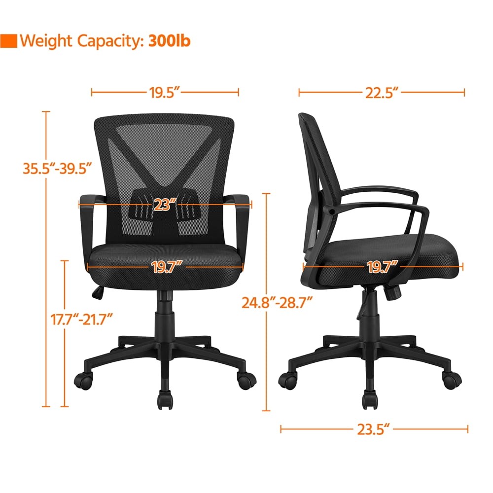 Adjustable Mesh Office Chair Mid Back W/ Wheels Black