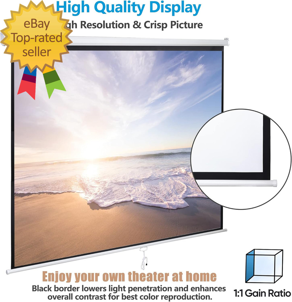120'' Projector Screen, Retractable Projection Screen Manual Pull down HD Screen