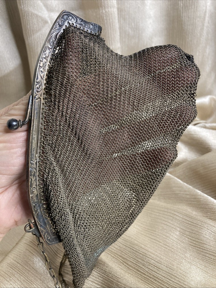 Antique German Silver Mesh Evening Bag W Intricate Scrollwork