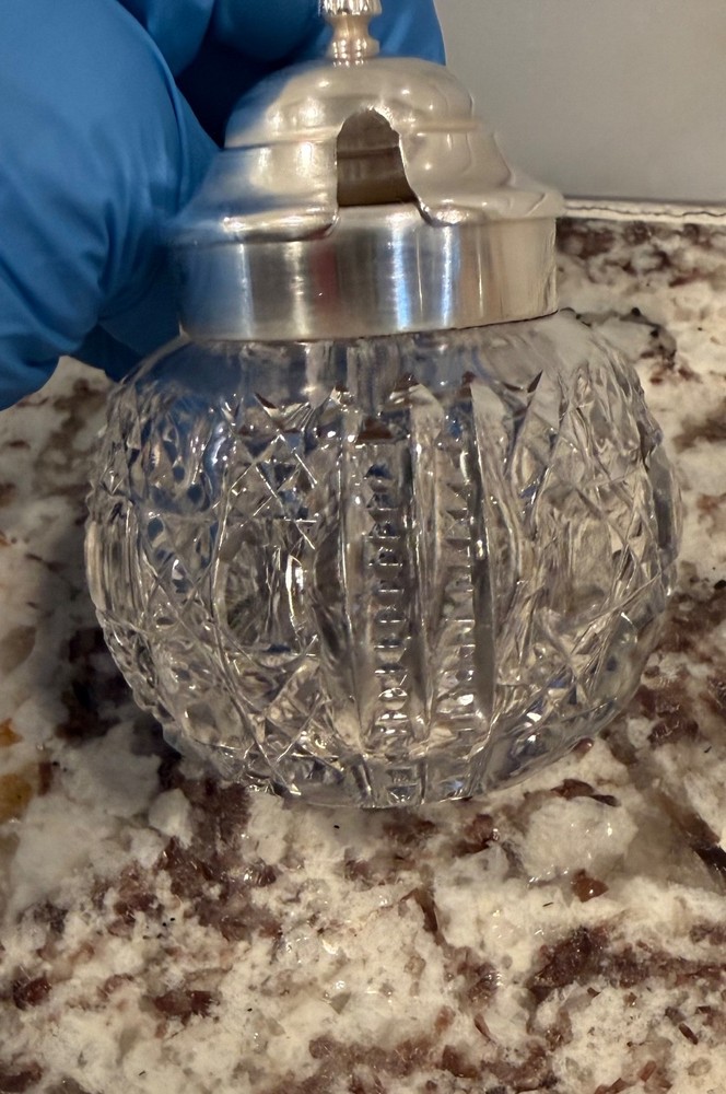 Antique Sterling Top Crystal Condiment Dish with Handle