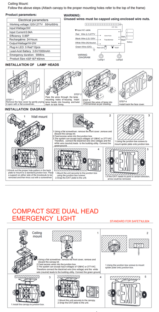 LED Exit Sign Emergency Light Compact Combo Double/single face w/Battery Backup