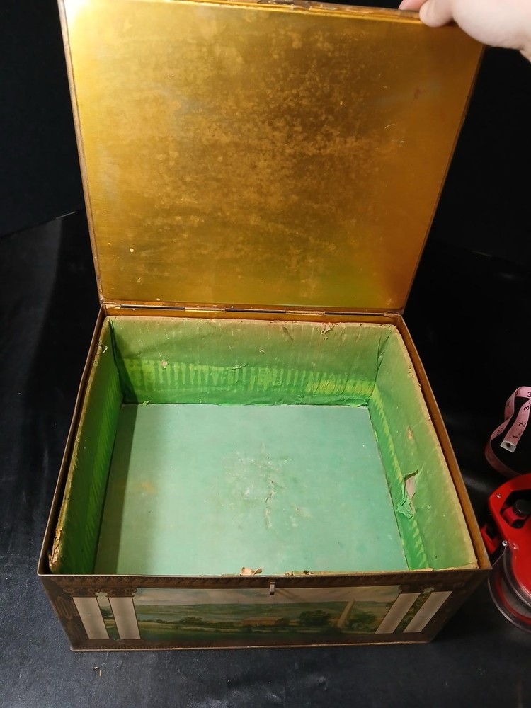 Vintage Scenic Tin Storage Box with Lock
