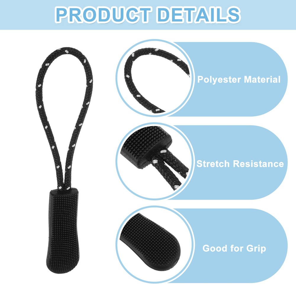 50Pcs Zipper Pulls Replacement Cord Extender, 63.3mm Black