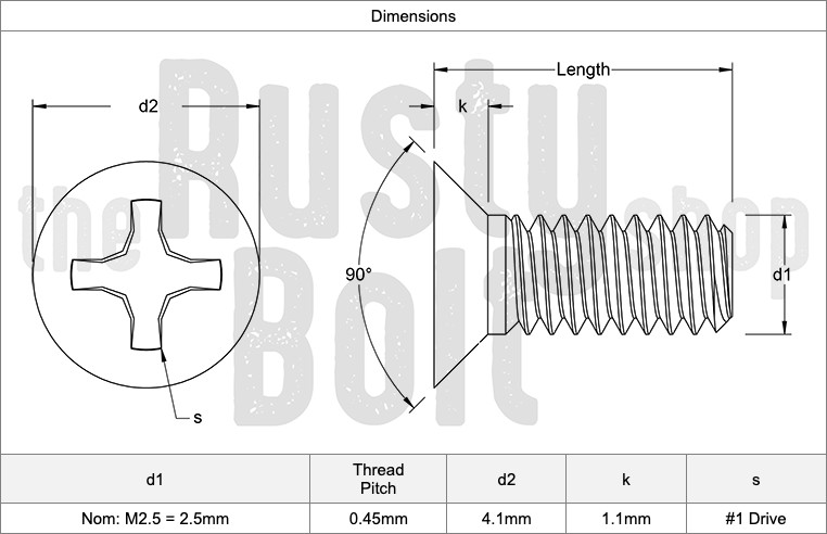 M2.5 x 12mm, Phillips Flat Head Screws, Steel, Black, Countersunk