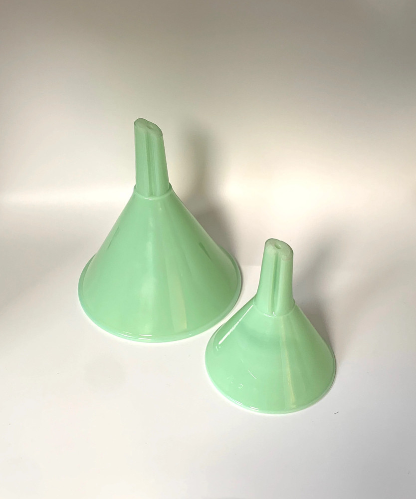 Jadeite glass funnels by Mosser Glass