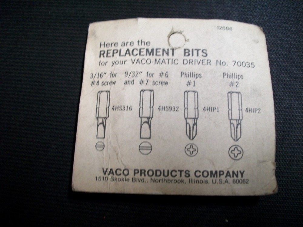 NOS REPLACEMENT BITS #70036 FOR VACO-MATIC SCREWDRIVER #70035 - BITS ONLY