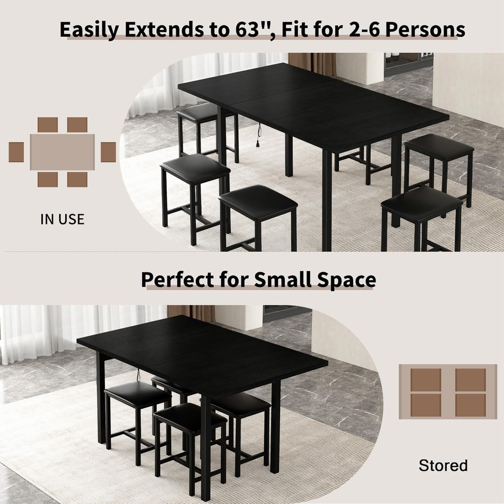7-Piece Dining Table Set with 6 Square Stools, 63" Expandable Kitchen Table with