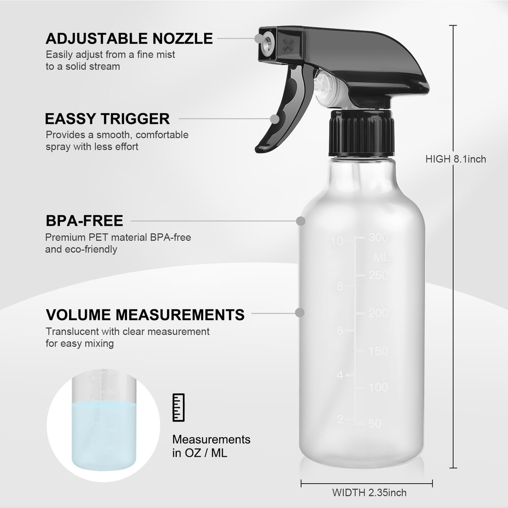 Bealee 2 Pack 10oz Spray Bottles Mist & Stream, Refillable, BPAFree