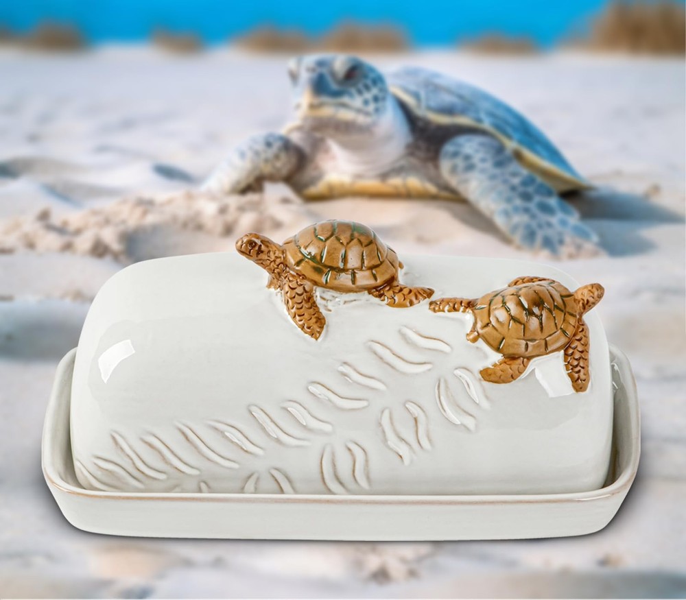 Turtle Stylish Ceramic Butter Dish Covered with Lid and Handle - Modern Count...