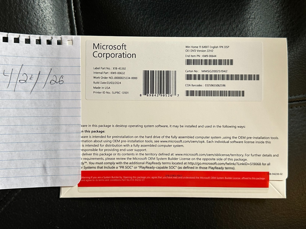 Windows 11 Home 64 bit - Genuine OEI DVD & COA - System Builder Pack