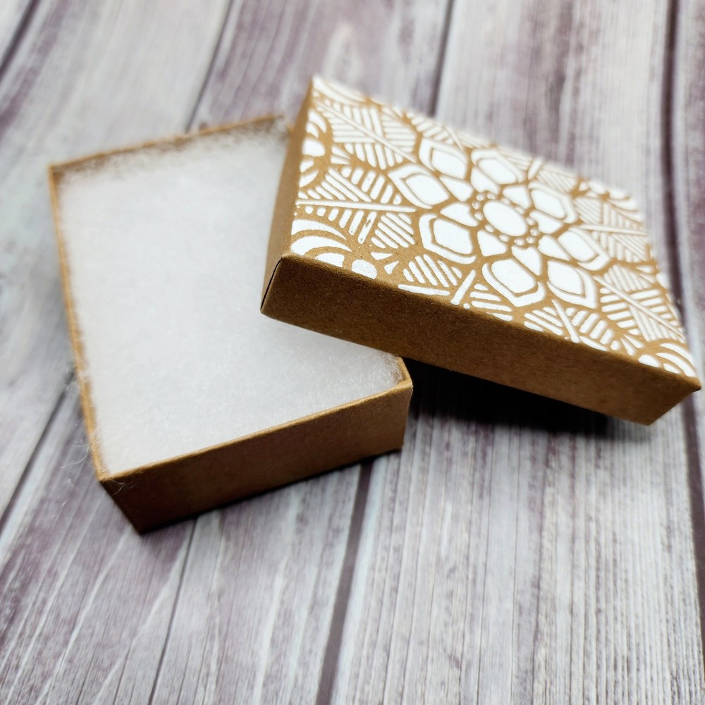 Paper Gift Boxes-Flower Mandala Pattern-Kraft, White Ink-Screen Printed by Hand