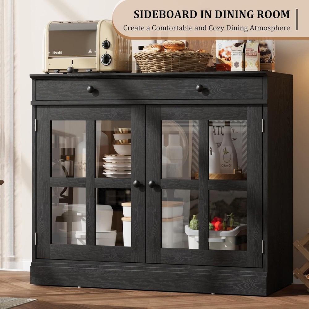 Buffet Cabinet with 2 Glass Doors & Drawer, Adjustable Shelf for Kitchen Storage