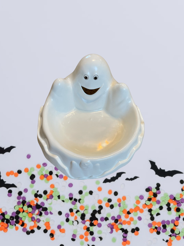 Halloween Ghost Candy Dish Bowl White Plastic CUTE!